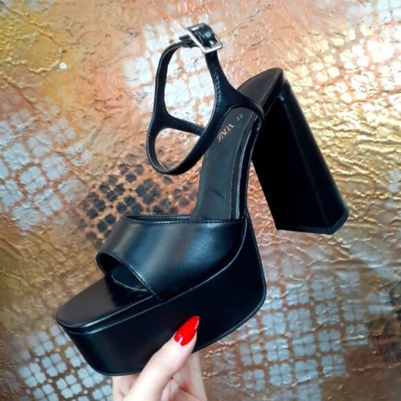 Zara Black Faux Leather Platform Heel Sandals - Picture 1 of 14